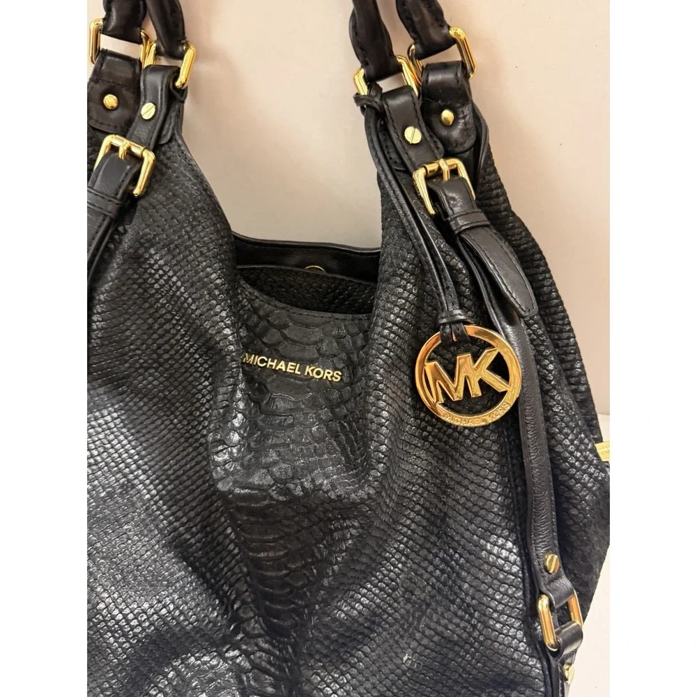 MICHAEL KORS Black Python Snake Embossed Leather Hobo Shoulder Bag MK Charm
